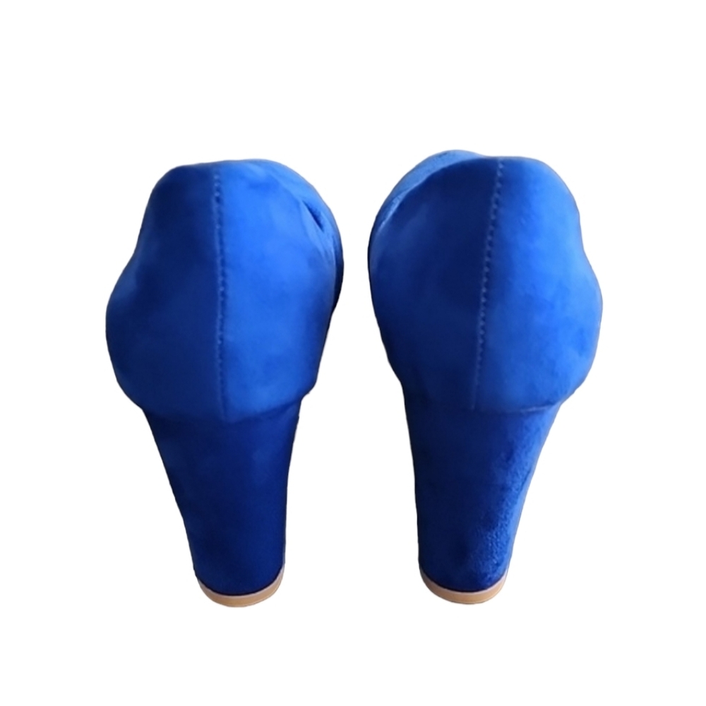 COBALT BLUE VEGAN SUEDE Platform Pumps 7.5 Heels Y2K Vibe Chunky Heel - Picture 9 of 16